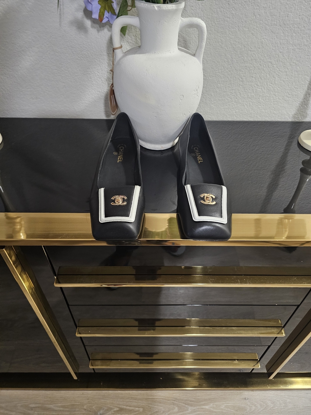 CHANEL Black Leather Square-Toe Loafers with White Trim and Gold CC